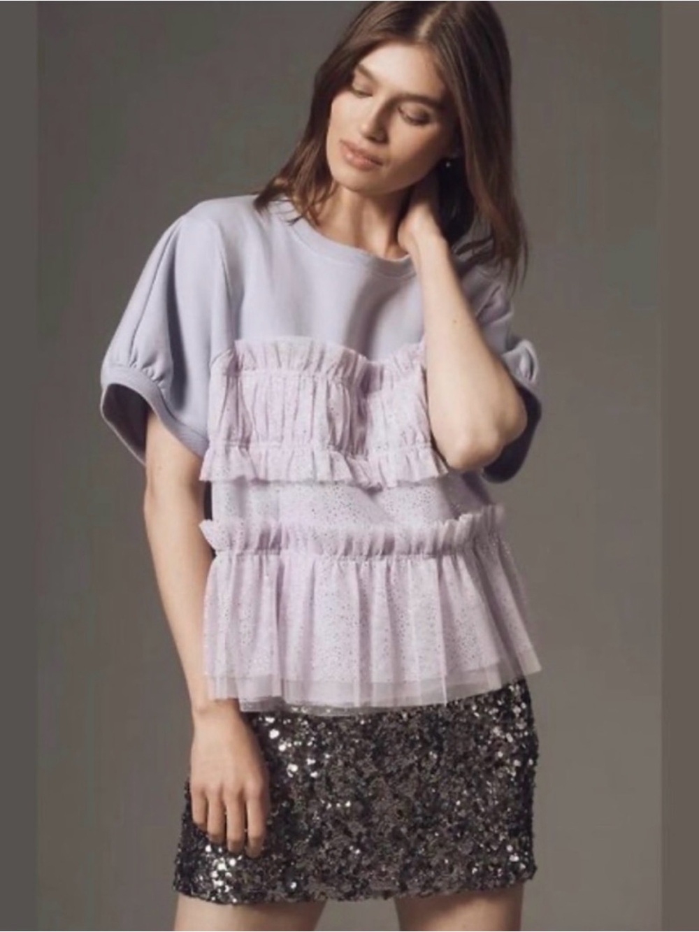 Maeve Short-Sleeve Smocked Ruffled Sweatshirt